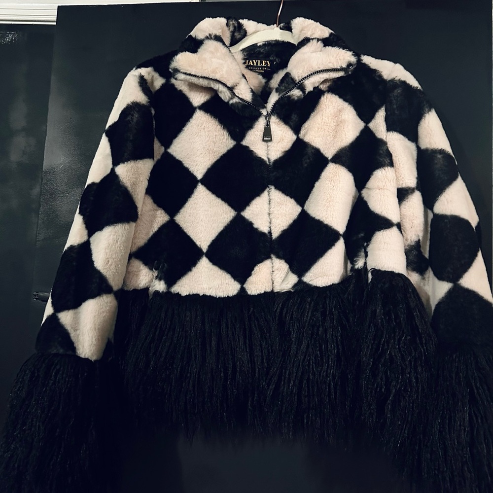 Black and White Checkered Faux Fur Coat